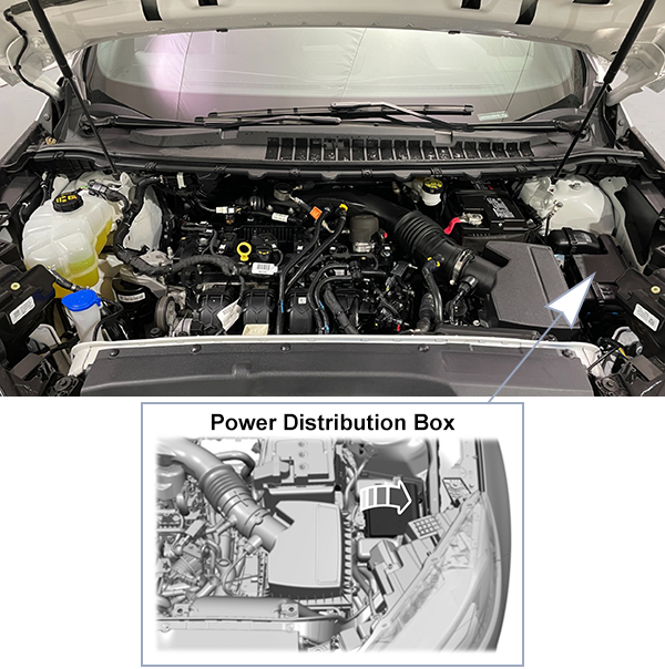 Ford Edge (CD539; 2019-2022): Engine compartment fuse box location