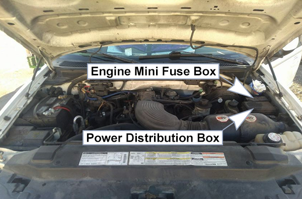 Ford Expedition (1997-1998): Engine compartment fuse box location