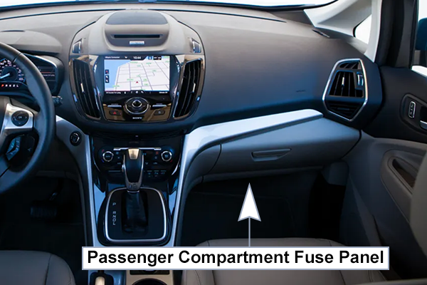 Ford C-Max Hybrid/Energi (2013-2018): Passenger compartment fuse panel location