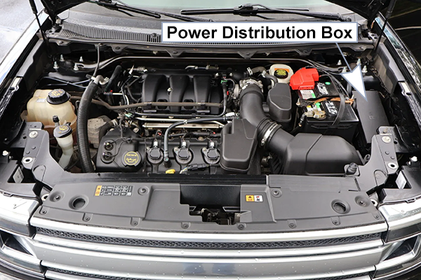 Ford Flex (2013-2019): Engine compartment fuse box location