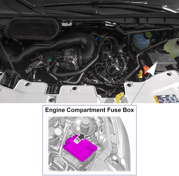 Ford Transit (2020-2024): Engine compartment fuse box location